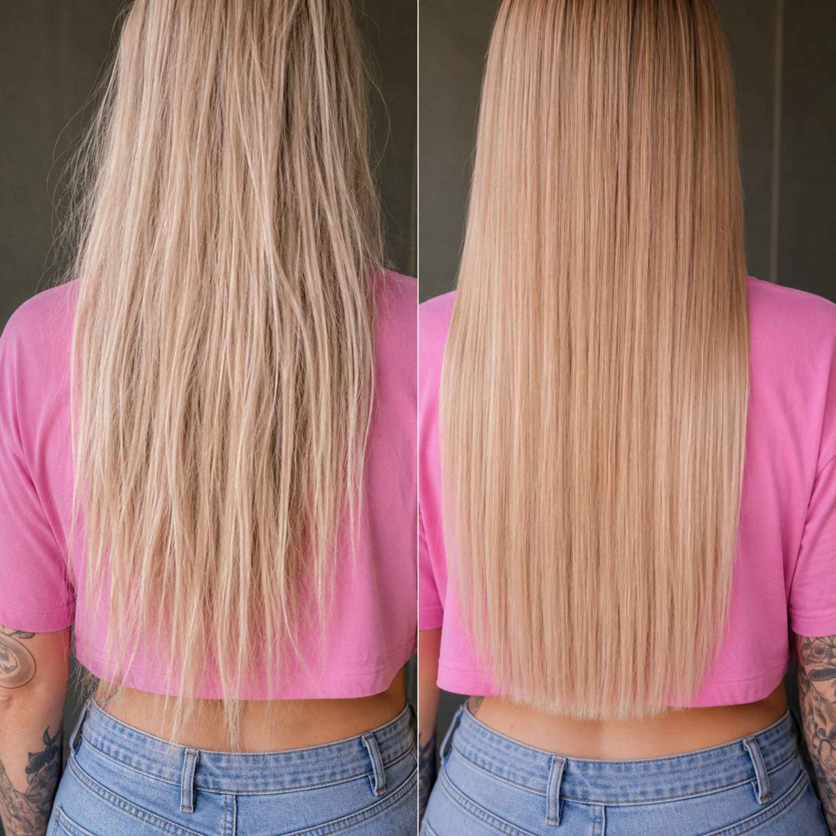 Vorher-Nachher-Vergleich nach Anwendung der Löwenmähne LION Cream – glatteres, geschmeidigeres und sichtbar glänzenderes blondes Haar.