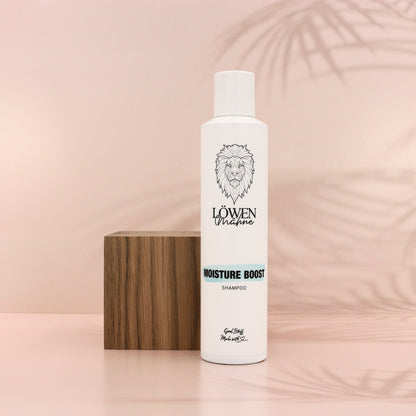 Löwenmähne Produkt Foto Moisture Boost Shampoo HIntergrund Palmen