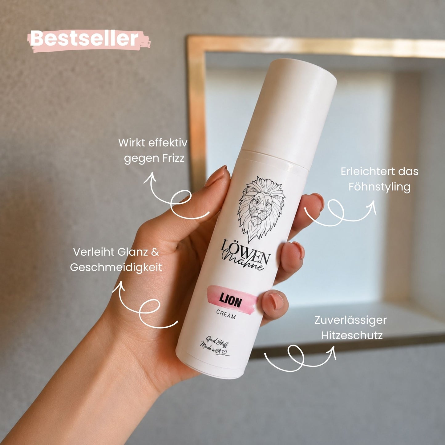 Löwenmähne LION Cream Haarcreme in der Hand – Stylingcreme mit Hitzeschutz gegen Frizz für geschmeidige, glänzende Haare.