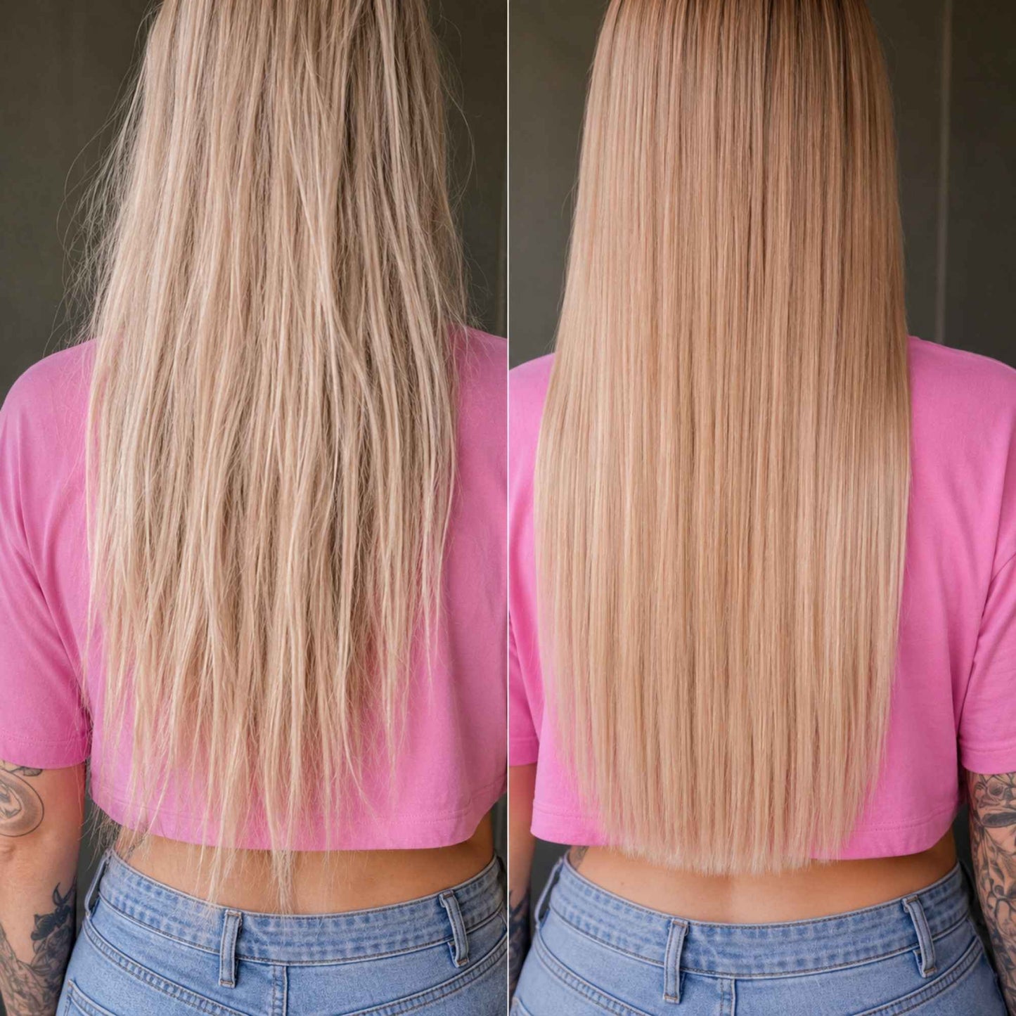 Vorher-Nachher-Vergleich nach Anwendung der Löwenmähne LION Cream – glatteres, geschmeidigeres und sichtbar glänzenderes blondes Haar.