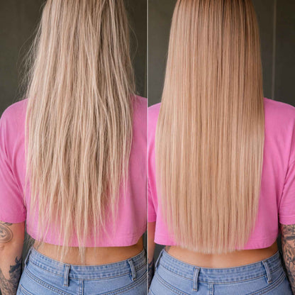 Vorher-Nachher-Vergleich nach Anwendung der Löwenmähne LION Cream – glatteres, geschmeidigeres und sichtbar glänzenderes blondes Haar.