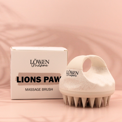 Lions Paw Massage Brush von Löwenmähne – Produkt mit Verpackung im Rosa-Setting